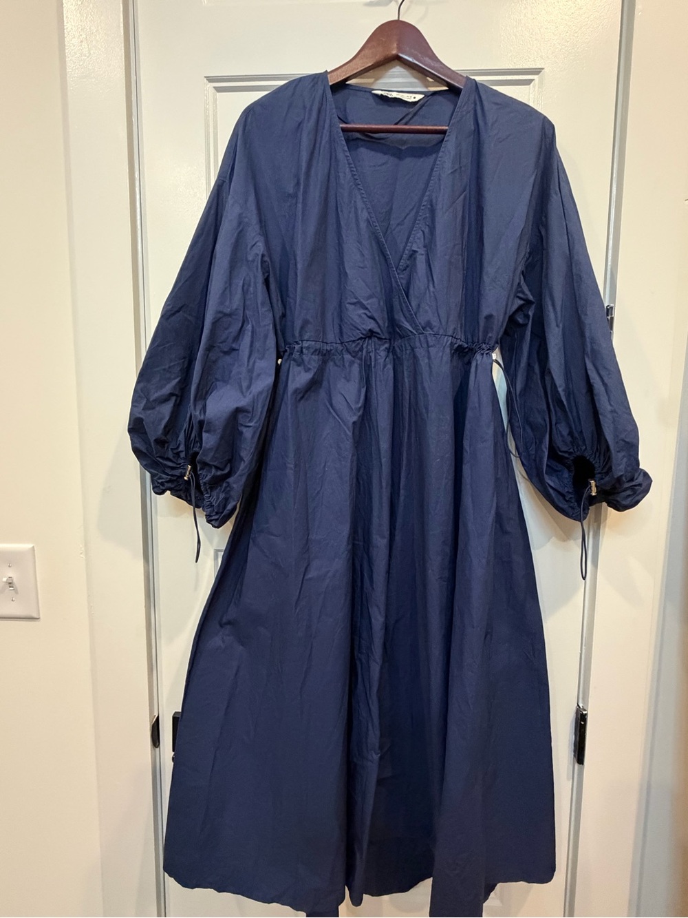 Zara 100% Cotton Women's Navy Balloon-Sleeve Wrap Dress